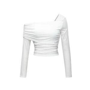 Micas Women’s Medium Asymmetrical Ruched Long Sleeve White Cropped Casual Top